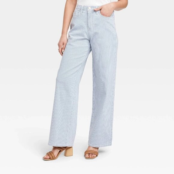 SAINT TROPEZ Blue White Pinstripe Wide Leg Trouser Pants - Picture 1 of 10